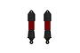 Two ARRMA red aluminium RC shock absorbers with black plastic caps and ends, shown against a white background.