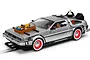 Scalextric 1/32 scale DeLorean slot car from Back to the Future III, featuring the iconic silver body, red wheels, and hood-mounted equipment.