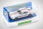 A 1/32 scale Scalextric Ford Mustang slot car in white with red and blue racing stripes, displayed in its original clear plastic packaging.