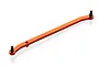 An orange anodized aluminium RC steering link with black ball studs attached at both ends, isolated on a white background.