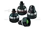 Four black aluminium shock caps by GPM Racing for RC cars, featuring a metallic finish and engraved branding.