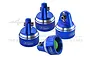 Four blue anodized aluminium shock caps for RC cars by GPM Racing, displayed on a white background.