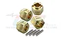 Four GPM Racing brass 7mm wheel hex adapters with four metal drive pins for RC cars.
