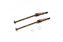 Two Yeah Racing spring steel CVD driveshafts with bronze finish and two small metal washers on a white background.
