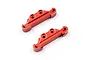 Two red anodized aluminium suspension mounts for RC cars, featuring machined edges and mounting holes.