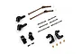 Yeah Racing conversion kit parts for Kyosho Optima Mid, including metal drive shafts, black aluminum suspension arms, turnbuckles, and small brass bushings.