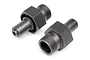 Two gunmetal grey aluminium 24mm front wheel hex adapters for HPI Baja 5B RC car, shown from different angles on a white background.