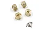 Four brass 12mm wheel hex adapters and four metal drive pins for RC cars, arranged on a white background.
