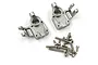 A pair of gunmetal aluminium RC steering hubs by Yeah Racing with a collection of included mounting screws on a white background.