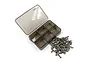 A set of titanium screws for the Tamiya Lunch Box RC car, displayed next to a small, empty, six-compartment translucent plastic storage box.