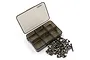 A set of titanium RC screws scattered next to an open, empty six-compartment plastic storage box on a white background.