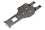 A gunmetal grey aluminium rear chassis plate for an HPI Baja 5B RC car, featuring multiple mounting holes and a flat, machined design.