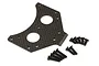 Kyosho carbon fibre gearbox mount plate with a set of black countersunk screws on a white background.