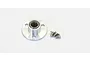 A silver metal housing part with a needle bearing inside, accompanied by three small countersunk screws on a white background.