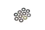 A collection of ten small, circular metal washers arranged in a cluster against a plain white background.