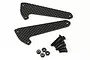 Two carbon fibre shock stay plates with a set of black screws and nuts on a white background.