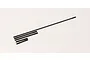 A set of five black metal threaded rods of varying lengths on a white background.