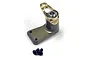 A gunmetal grey aluminium servo saver arm with a brass-coloured top plate and two small black screws on a white background.