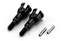 Two black metal Kyosho wheel axles with threaded ends and two small silver metal drive pins on a white background.