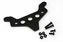 A Kyosho carbon fibre rear shock stay with mounting screws and nuts on a white background.