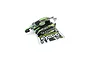 A pre-painted green and black Kyosho Inferno Neo 3.0 RC buggy body shell with a matching decal sheet on a white background.