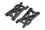 Two black plastic front lower suspension arms for a Maverick RC vehicle, shown from an angled top-down perspective against a white background.