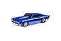A blue Losi 1970 Chevelle No Prep RC drag car viewed from a high angle against a white background.