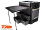 Team Magic F8 Supra RC pit bag with an open work surface, multiple internal drawers, and wheels, shown against a white background.