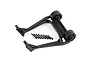 A black Traxxas Sledge wheelie bar assembly with two wheels and a set of mounting screws on a white background.