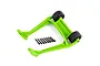 A bright green Traxxas Sledge wheelie bar assembly with two black wheels and a set of eight black mounting screws on a white background.