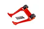 A red Traxxas Sledge wheelie bar assembly with two black wheels and a set of eight mounting screws on a white background.