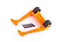 An orange Traxxas Sledge wheelie bar assembly with two black wheels and a set of eight black mounting screws on a white background.