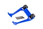 A blue Traxxas Sledge wheelie bar assembly with two black wheels and a set of mounting screws on a white background.