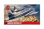 Airfix 1/72 scale Gloster Meteor F.8 plastic model kit box art featuring two grey jet aircraft flying over a coastal landscape.