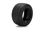 A single black HPI Racing vintage performance RC car tyre with a directional tread pattern, shown against a white background.