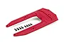 A red anodized aluminum Traxxas chassis skid plate with a set of black mounting screws on a white background.