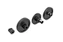 A set of four black metal RC drivetrain gears including a small pinion gear and three larger compound gears arranged on a white background.