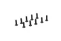 Ten black metal countersunk head screws arranged on a white background.