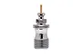 A close-up studio shot of an Iwata airbrush valve component with a silver metallic finish and a brass-colored pin.