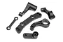 A set of black plastic steering components for an HPI Blitz RC car, including steering arms, a drag link, and a servo horn.