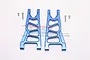A pair of blue anodized aluminium front lower suspension arms for an RC car, including four small metal screws, set against a white background.