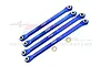 Four blue anodized aluminium RC chassis linkages from GPM Racing, featuring metal pivot balls and engraved 7075 markings.