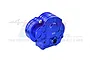 A blue anodized aluminium gearbox case for RC cars by GPM Racing, featuring machined details and engraved branding.