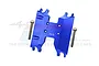 A blue anodized aluminium chassis skid plate for an RC car, featuring the GPM logo and 7075 marking, shown with two mounting screws.