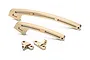 A set of gold-anodized aluminium RC chassis braces and mounting brackets on a white background.