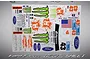 A 1/10 scale decal sheet for a Ford Focus RC car, featuring Monster Energy, DC, Ford, and Stobart logos with rally-style racing numbers.