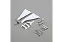 E-Flite Timber landing gear set components including white plastic struts, metal springs, screws, and hardware on a grey background.