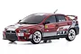 Kyosho Mini-Z Mitsubishi Lancer Evolution X RC drift car in red with Mitsubishi Motors Dealer Team livery and white rally wheels.