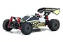 Kyosho Mini-Z Inferno MP9 RC buggy in white and black with yellow accents, featuring red shock absorbers and black off-road tires.