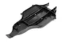 A black molded plastic main chassis for an HPI Blitz RC short course truck, shown from a high-angle perspective against a white background.